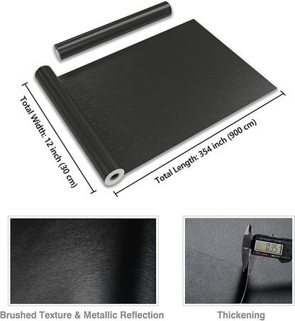 CRE8TIVE Brushed Black Stainless Steel Contact Paper Peel and Stick Thick Metallic Wallpaper Heat Resistant Self Adhesive Black Contact Paper for Kitchen Backsplash Appliances Fridge Covers 12"x354"