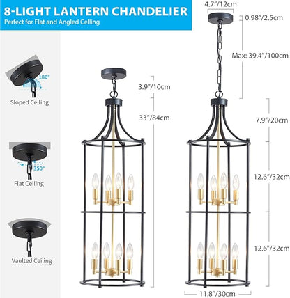 XINGQI Black and Gold Foyer Chandeliers for High Ceiling, Modern 8 Light Dinning Room Lantern Tiered Chandelier Cage Pendant Lighting Fixture for Staircase Entryway Living Room