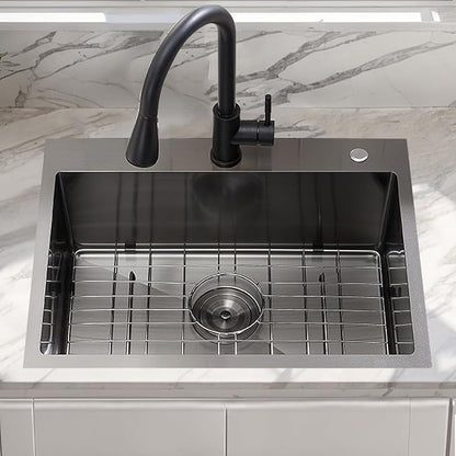 HOTIS 24 X 18 Inch Black Drop In Kitchen Sink, Black Stainless Steel Kitchen Sink, Large Residential Sink with 2 Holes, Single Bowl Topmount Workstation Sink with Dish Grid & Drain