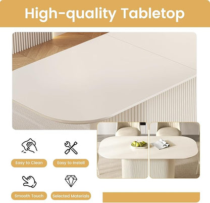86.6“ Rectangular Dining Table for 6-8 People, Modern Kitchen Dining Room Table with Pedestal Base, Cream White Dining Table Furniture, Mid Century Large Table for Apartment Home Living Room
