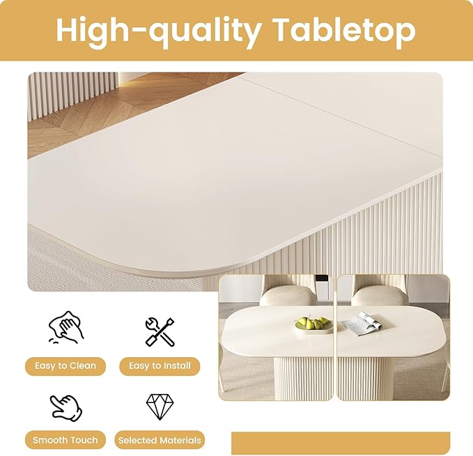 86.61" Oval Dining Table for 8, Rectangular Dinner Table 8 Seater Modern Dining Room Tables for Kitchen, Living Room, Cream White Kitchens Table with Oval Base