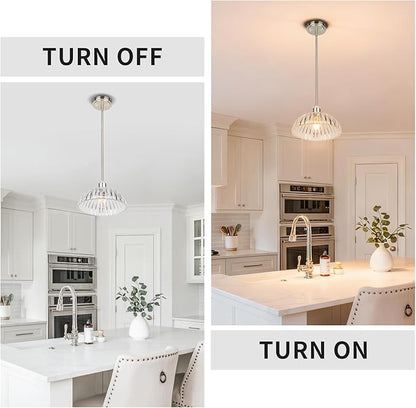 JYO 10" Brushed Nickel Pendant Lighting, Vintage Single Pendant Light Fixtur with Ribbed Glass, Pendant Light for Kitchen Island Bedroom Hotel Living Room