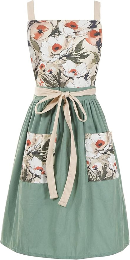 Pinknoke Vintage Pinafore Apron Dress for Women with Pockets Cute Floral Chef Aprons for Kitchen Cooking Baking Gardening