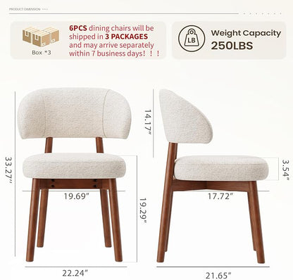 MALOL Wooden Dining Chairs Set of 6, Modern Upholstered Dining Room Chair, Fabric Kitchen Side Chairs with Curved Open Back for Living Room/Restaurant/Cafe, Beige