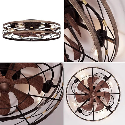 SHLUCE 21.7" Farmhouse Flush Mount Caged Ceiling Fans with Lights and Remote, Low Profile Fandelier Ceiling Fan with Light, Small Rustic Bladeless Ceiling Fan with Light for Kitchen, Bedroom, 6 Speeds