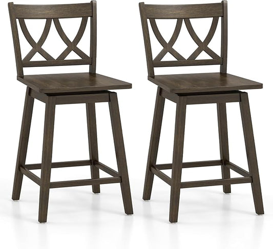 Giantex 24" Bar Stools Set of 2, Swivel Wooden Bar Chairs with Rubber Wood Frame, Footrest & Ergonomic Backrest, Counter Height Barstools for Kitchen Island, Restaurant & Pub, Dark Grey