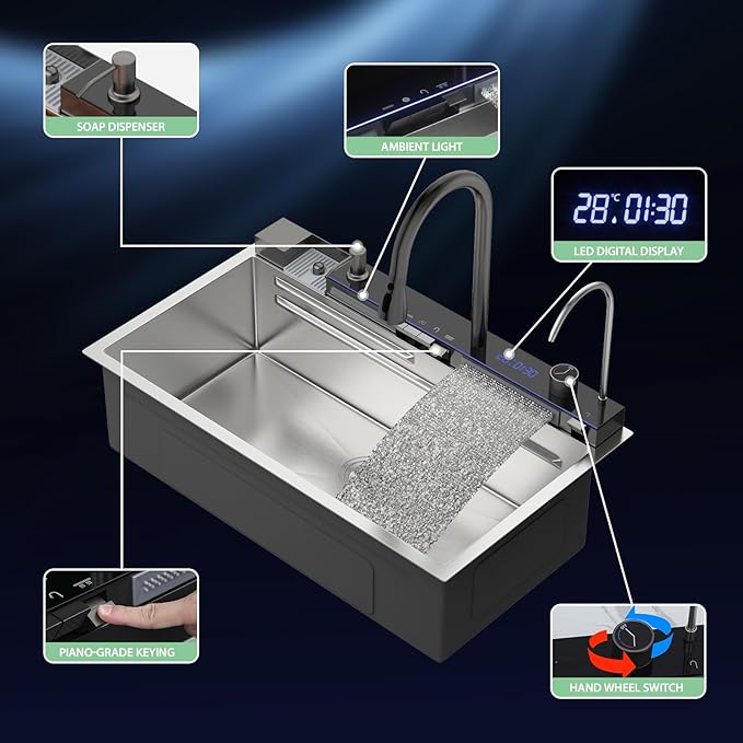 30 Inch Waterfall Kitchen Sink - Beslend 30x19 Drop In Waterfall Sink Stainless Steel Workstation Modern Smart Sinks 16-Gauge Single Bowl with Faucet, Digital Display and Fancy Ambient Light