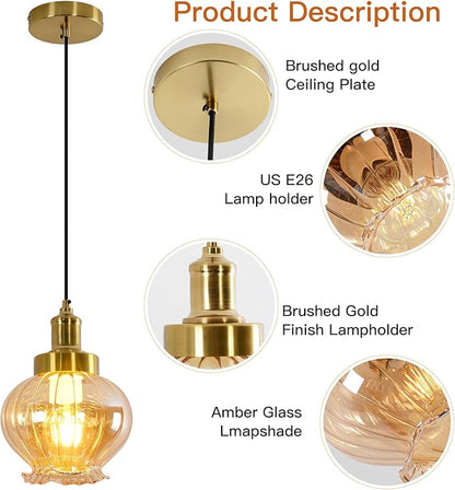 ZHENYANGL 7.8" Modern Amber Glass Pendant Light Vintage Farmhouse Woven Pendant Light Fixture Adjustable Rod Retro Pistil Pendant Lights for Kitchen Island, Dining Room, Bedroom, Hallway, Entryway