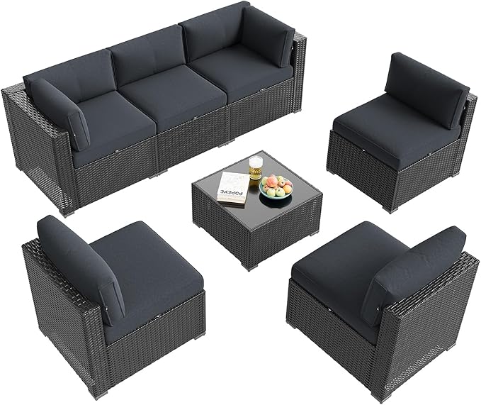 Aoxun 7 Piece Patio Furniture Set, Outdoor Sectional Sofas with Waterprool Cover, Wicker Rattan Outdoor Furniture Patio Conversation Set for Backyard, Garden Dark Grey