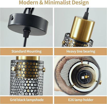 Modern Pendant Light Fixtures, Gold Cylinder Pendant Lapms with Iron Mesh, Adjustable Metal Ceiling Hanging Light Fixture for Kitchen Island Dining Room Entryway Bar 1-Light