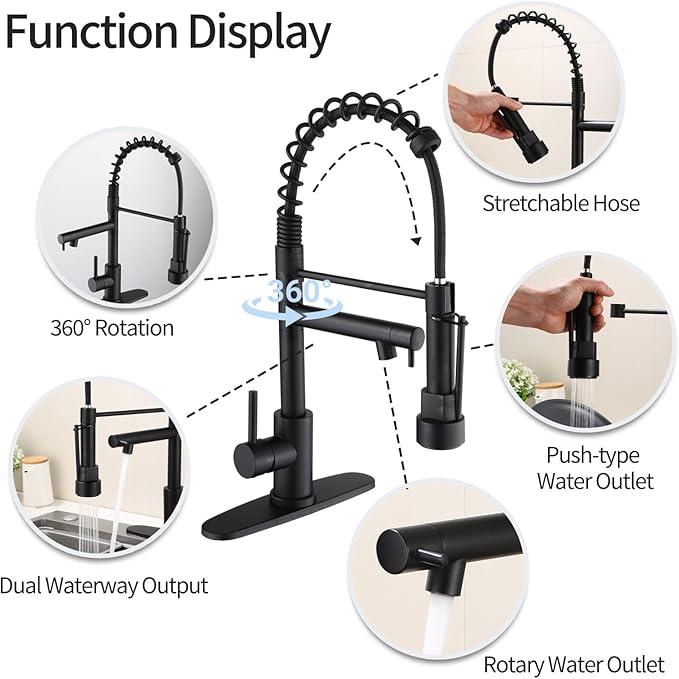 Wicbim Kitchen Sink Faucet with Pull Down Sprayer Contemporary Stainless Steel Single Handle Spring Kitchen Faucets Double-Headed with Deck Plate