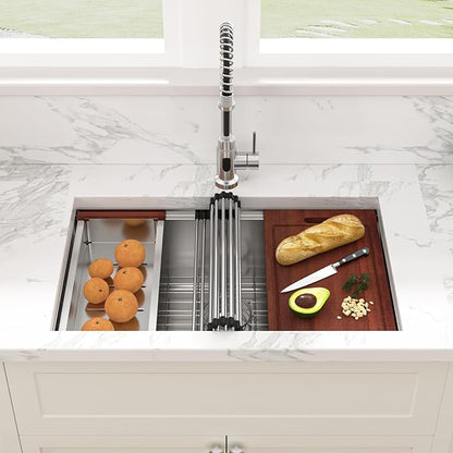 Sarlai 28 Kitchen Sink Undermount - 28 x 18 Inch Stainless Steel Kitchen Sink Undermount Ledge Workstation Deep Single Bowl 16 Gauge R10 Tight Radius Stainless Steel Sinks Basin