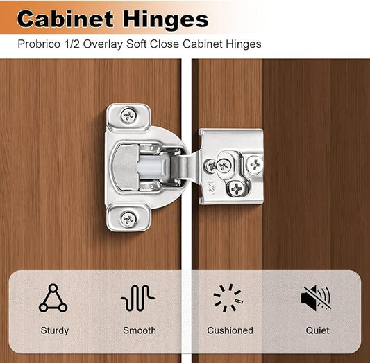 Probrico 50 Pack 25 Pair 1/2 inch Overlay Soft Close Cabinet Hinges Hidden Door Hinge for Kitchen Cabinet Hinges Concealed Self Closing Face Frame for Cupboard, Wardrobe, 105 Degree Opening Angel