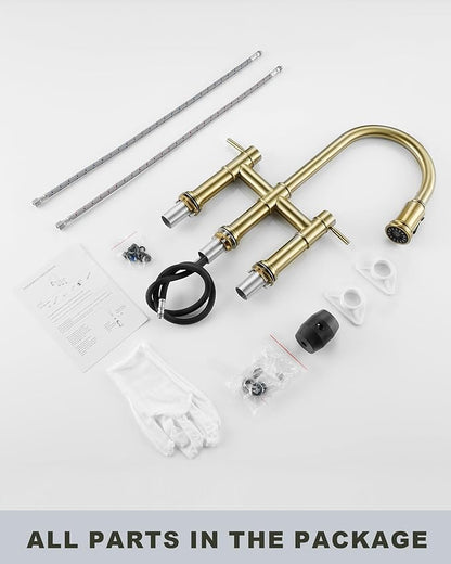 Bridge Faucet for Kitchen Sink: iVIGA Gold Farmhouse 3 Hole Kitchen Faucet with Pull Down Sprayer (3 Spray Modes) - 2 Handle High Arc Brass Faucet with 360° Swivel, with Supply Lines