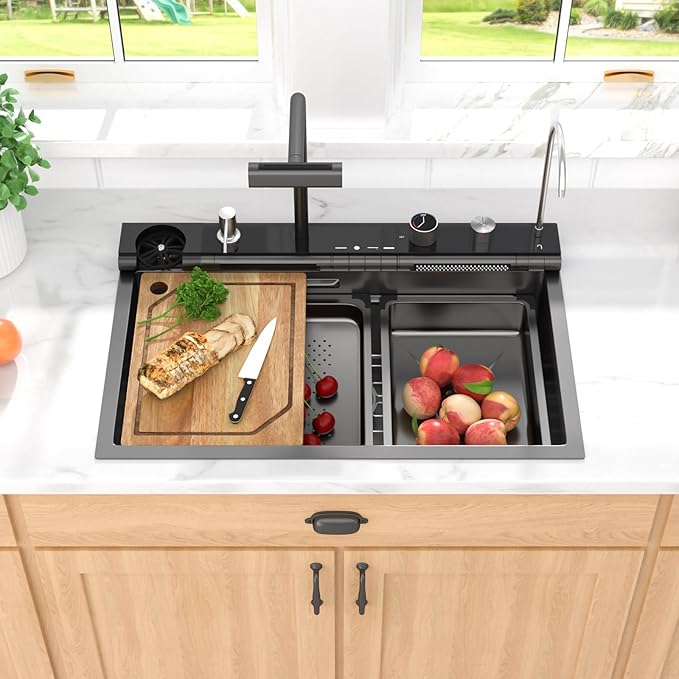 Smart Waterfall Kitchen Sink 30" Drop-In Single Bowl 16 Gauge 304 Stainless Steel Workstation Sink with Mechanical Control Panel & Pull-Down Faucet, Gunmetal Black for Decoration or Renovation