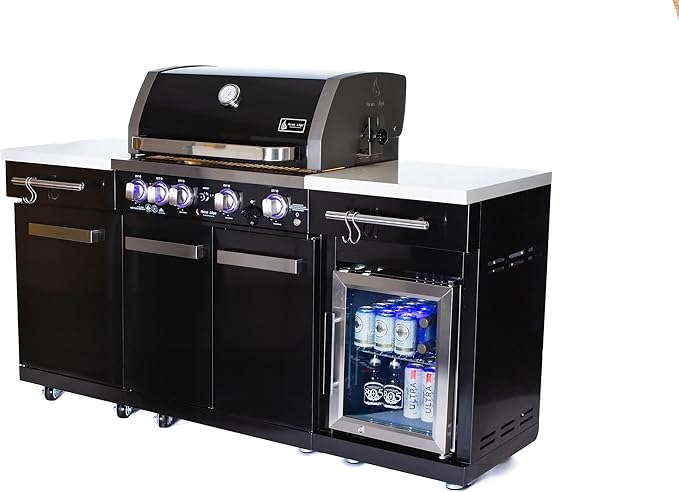 Mont Alpi Premium 70"W x 24"D Black Stainless Steel Compact Outdoor Kitchen Island with Refrigerator + 32"W 4-Burner BBQ Grill with Infrared Rotisserie Burner + Storage Cabinets + Granite Countertops