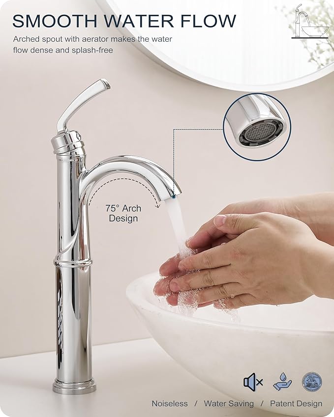 Brass Vessel Faucet 1 Hole, Chrome Tall Bathroom Faucets for Vessel Sinks with 1 Handle, Pop Up Drain, cUPC Water Supply Line & Arched Spout Aerator for Countertop Sink, 5 Mins Quick Install