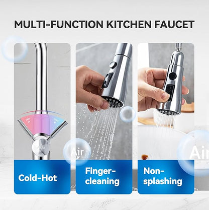Kitchen Faucet with Pull Down Sprayer, Chrome Faucet for Kitchen Sink Stainless Steel Kitchen Faucets, Single Handle 1 or 3 Hole Faucet with Escutcheon for RV, Outdoor, Laundry & Bathroom Sink