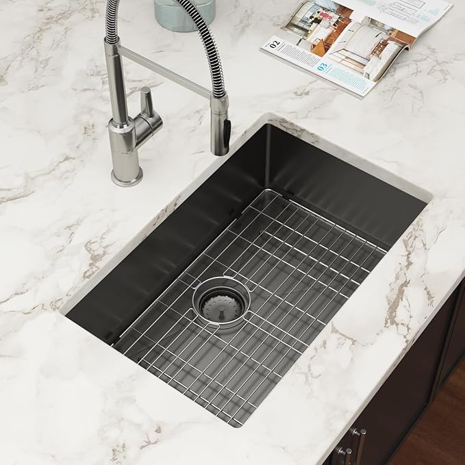Black Undermount Kitchen Sink 28 Inch - Couoko Gunmetal Black Single Bowl Undermount Sinks 16 Gauge T304 Stainless Steel Large Deep NANO PVD Handmade Round Corner Kitchen Sinks 28"x18"x9"