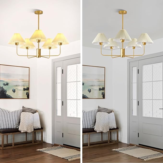 Gold Chandelier Light Fixture, 5-Lights Mid Century Chandelier with Shades for Dining Room Light Fixture, Adjustable Height White Pleated Farmhouse Pendant Light for Bedroom Ceiling Lamp