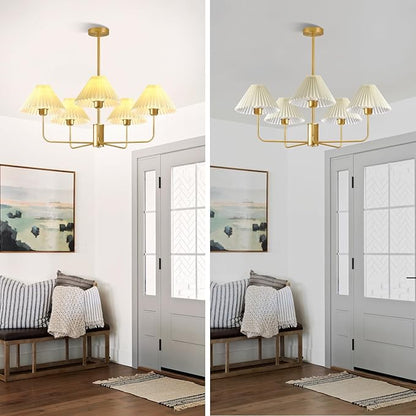 Gold Chandelier Light Fixture, 5-Lights Mid Century Chandelier with Shades for Dining Room Light Fixture, Adjustable Height White Pleated Farmhouse Pendant Light for Bedroom Ceiling Lamp