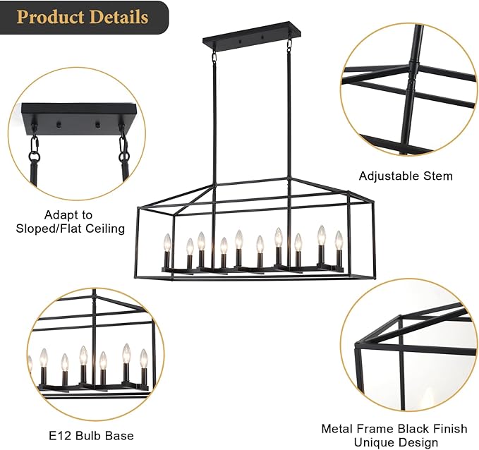 Dining Room Light Fixtures 10-Light Kitchen Island Light Modern Farmhouse Chandeliers Adjustable Height Rectangle Large Chandelier Modern Ceiling Light Black Pendant Light