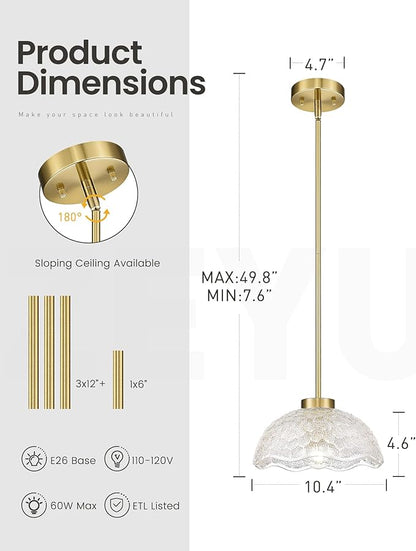 zeyu 2-Pack Pendant Lights Kitchen Island Gold, 10.4'' Ceiling Hanging Light Fixtures, Brushed Gold Pendant Lightings with Clear Hammered Glass, ZJX116M1L-2PK BG