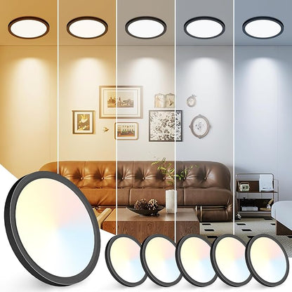 Peasur 7 inch LED Ceiling Light, 3000K/3500K/4000K/5000K/6500K Adjustable Flush Mount Light Fixture,1500LM 15W Thin Black Round Lamp for Hallway Kitchen Bathroom Bedroom, 6Pack