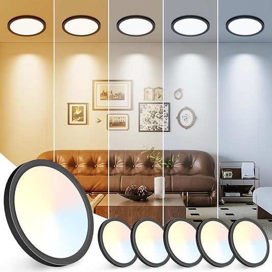 Peasur 7 inch LED Ceiling Light, 3000K/3500K/4000K/5000K/6500K Adjustable Flush Mount Light Fixture,1500LM 15W Thin Black Round Lamp for Hallway Kitchen Bathroom Bedroom, 6Pack