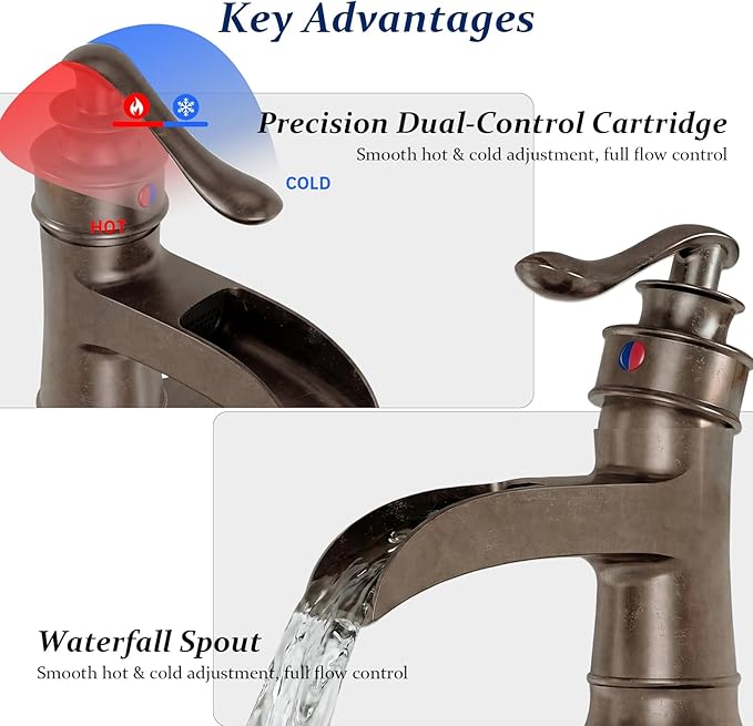 BWE Copper Bathroom Faucet Antique Brass Sink Vanity Basin Single Handle with Pop up Drain Assembly Waterfall Rose Mixer Tap One Hole Lever with Overflow Deck Mount Commercial