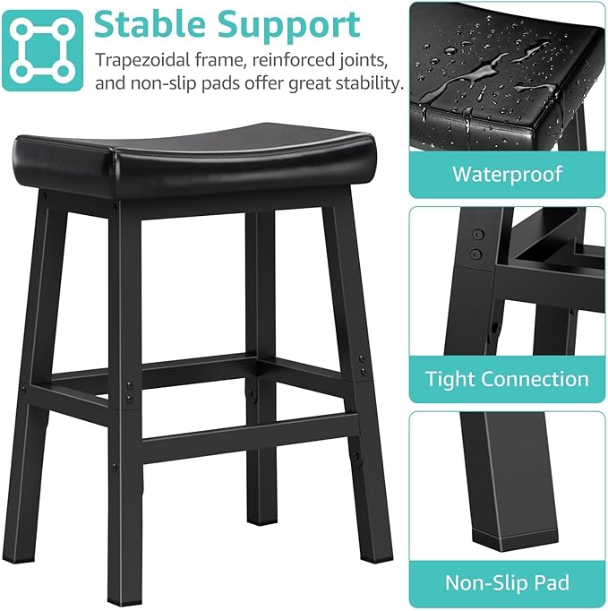 WINAZ Modern Backless Bar Stools Set of 2, 24 Inch Counter Height Stools with Footrest, Matte Finish Metal Legs, Padded Faux Leather Kitchen Island Chairs, Space Saving Stationary Design, Black