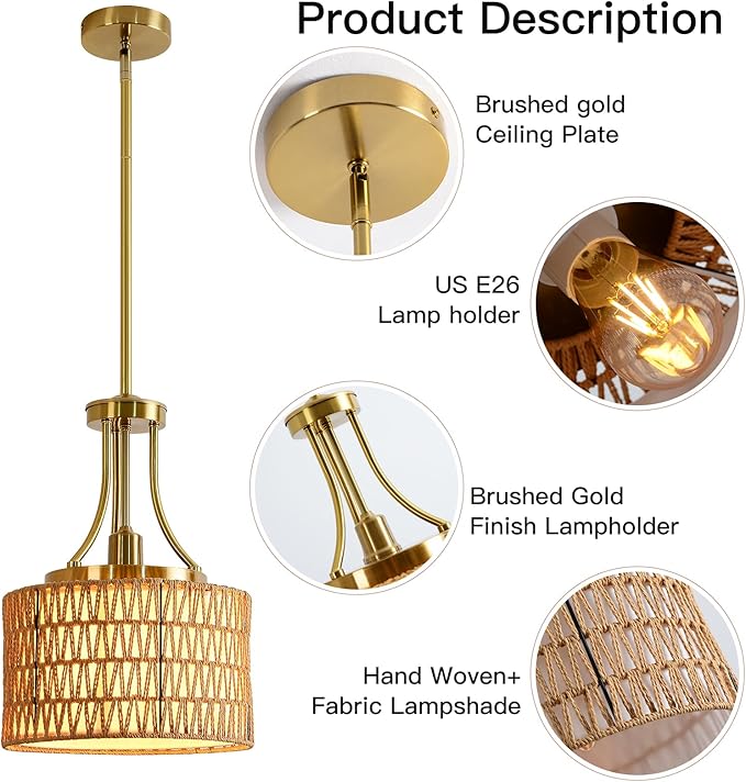 11.8" Modern Boho Rattan Gold Pendant Light Adjustable Rod Vintage Farmhouse Drum Fabric Pendant Light Fixture Woven Bamboo Wicker Pendant Lights for Kitchen Island, Dining Room, Bedroom