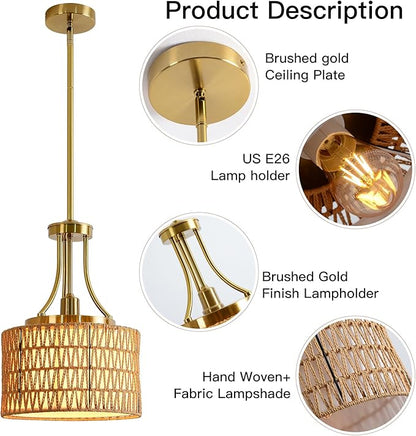 11.8" Modern Boho Rattan Gold Pendant Light Adjustable Rod Vintage Farmhouse Drum Fabric Pendant Light Fixture Woven Bamboo Wicker Pendant Lights for Kitchen Island, Dining Room, Bedroom