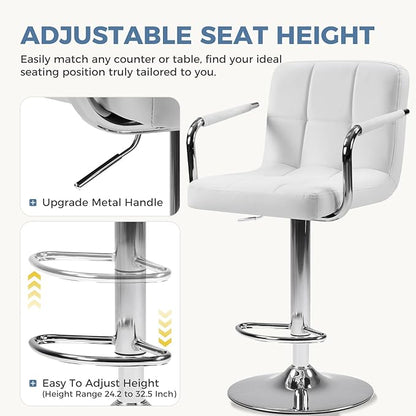 DUMOS Bar Stools Set of 4, Adjustable Swivel Bar Chairs with Padded Armrests and Ergonomic Backrest for Kitchen Island Counter Pub Dining Room, Water-Resistant PU Leather, White