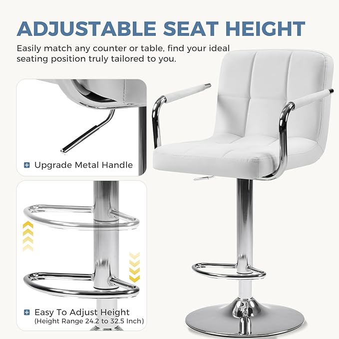 DUMOS Bar Stools Set of 2, Adjustable Swivel Bar Chairs with Padded Armrests and Ergonomic Backrest for Kitchen Island Counter Pub Dining Room, Water-Resistant PU Leather, White