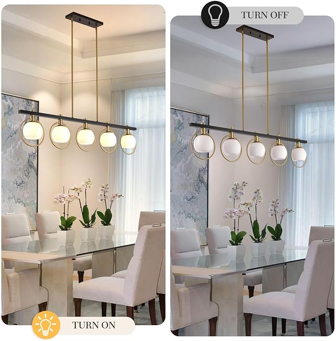 WJShome Black and Gold Farmhouse Chandelier, Dining Room Light Fixture Over Table, 5-Light Kitchen Island Lighting, Adjustable Height Linear Chandeliers, with Milk Glass Shades