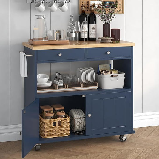 knoworld Rolling Kitchen Island with Storage Cabinet, 35.4'' Width Kitchen Cart, 2 Drawers Island Table, Portable Mobile Kitchen Island with Towel Rack, Wood Top and Lockable Wheels, Blue