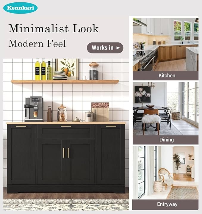 53.7'' Multi-Functional Storage Sideboard with Adjustable Shelves, Mid-Century Modern Console Table with 3-Tier Pull-Out Rack, Kitchen Island for Kitchen, Dining Room and Living Room (Black)