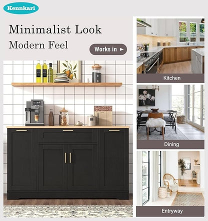 53.7'' Multi-Functional Storage Sideboard with Adjustable Shelves, Mid-Century Modern Console Table with 3-Tier Pull-Out Rack, Kitchen Island for Kitchen, Dining Room and Living Room (Black)