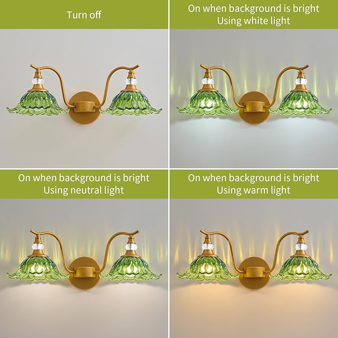Vintage Bathroom Vanity Light Fixtures - 2 Light Antique Brass Bathroom Lights Fixture Over Mirror with Green Flower Glass,Retro Brushed Gold Bronze Wall-Mounted Vanity Lighting for Powder Room