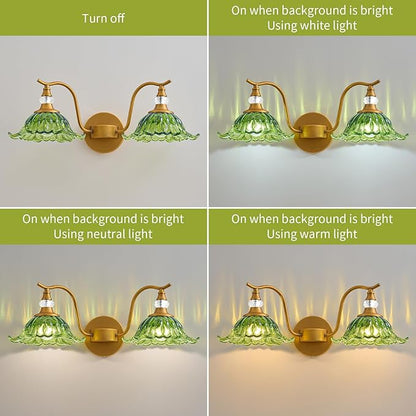 Vintage Bathroom Vanity Light Fixtures - 2 Light Antique Brass Bathroom Lights Fixture Over Mirror with Green Flower Glass,Retro Brushed Gold Bronze Wall-Mounted Vanity Lighting for Powder Room