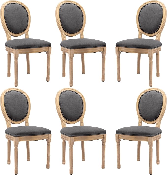 Linen Wooden Dining Chair Set of 6, Upholstered Farmhouse Dining Chair with Solid Wood Frame, Kitchen & Dining Room Chairs for Living Room, Restaurant, Bedroom (Gray-Padded, Set of 6)