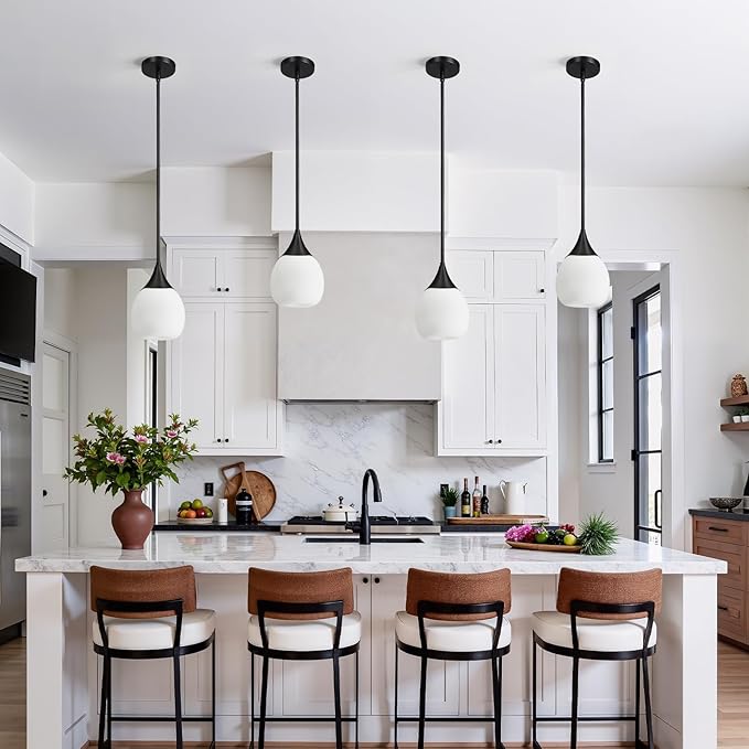 Kitchen Island Pendant Light: Mid Century Matte Black Hanging Light Fixtures with Frosted Glass Globe - 6 Inch Farmhouse Chandeliers Ceiling Lighting for Dining Room