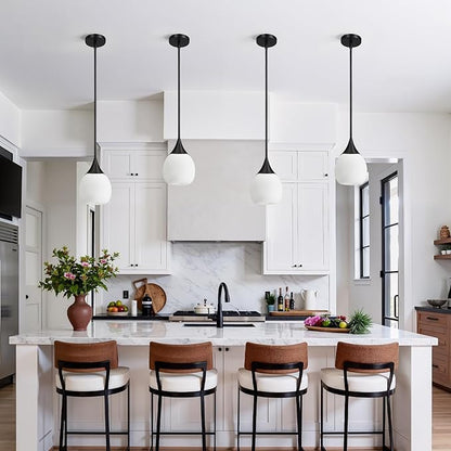 Kitchen Island Pendant Light: Mid Century Matte Black Hanging Light Fixtures with Frosted Glass Globe - 6 Inch Farmhouse Chandeliers Ceiling Lighting for Dining Room