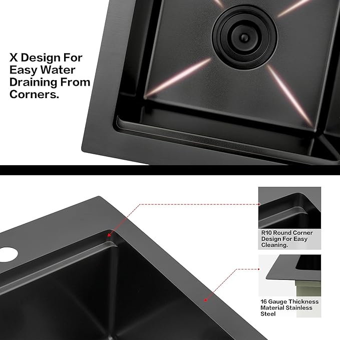 LQS Matte Black Stainless Steel Sink Drop In, 16” x 18” Black Small Laundry Sink, Prep Sink with Cutting Board Drop In, Black Kitchen Sinks with Workstation Ledge For RV, Outdoor and Prep Use