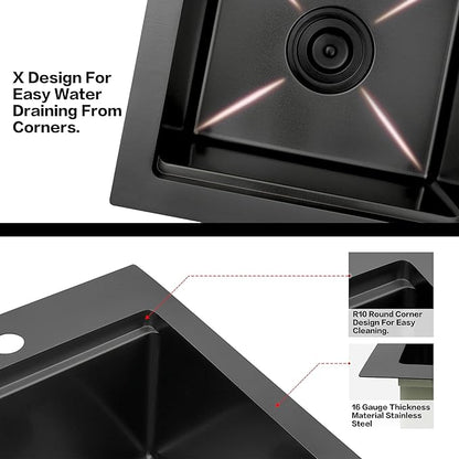 LQS Matte Black Stainless Steel Sink Drop In, 16” x 18” Black Small Laundry Sink, Prep Sink with Cutting Board Drop In, Black Kitchen Sinks with Workstation Ledge For RV, Outdoor and Prep Use