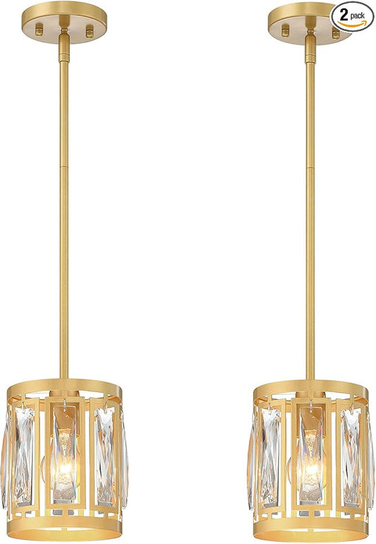2 Pack Gold Pendant Lights Kitchen Island, Crystal Pendant Light, Adjustable Hanging Light Fixture for Dining Room, Living Room, Kitchen