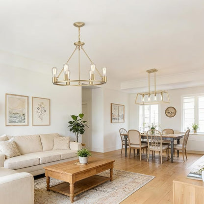 6-Lights Gold Chandelier | Dia 24'' Farmhouse Wagon Wheel Chandelier | Rustic Hanging Dining Room Light Fixture | Apply to Living Room | Kitchen Island | Entryway | Foyer