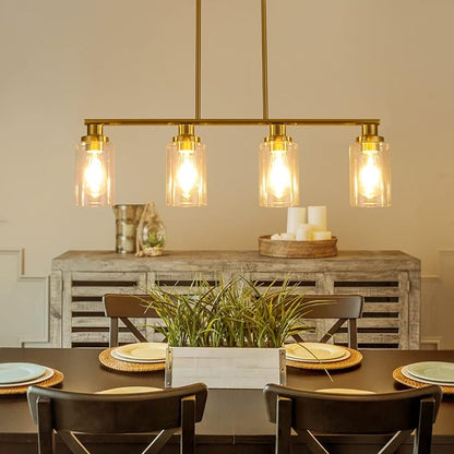 Kitchen Island Lighting, 4-Light Dining Room Light Fixtures Over Table,Gold Linear Chandelier for Dining Room Hanging,Pendant Lights Kitchen Island with Clear Glass Shade