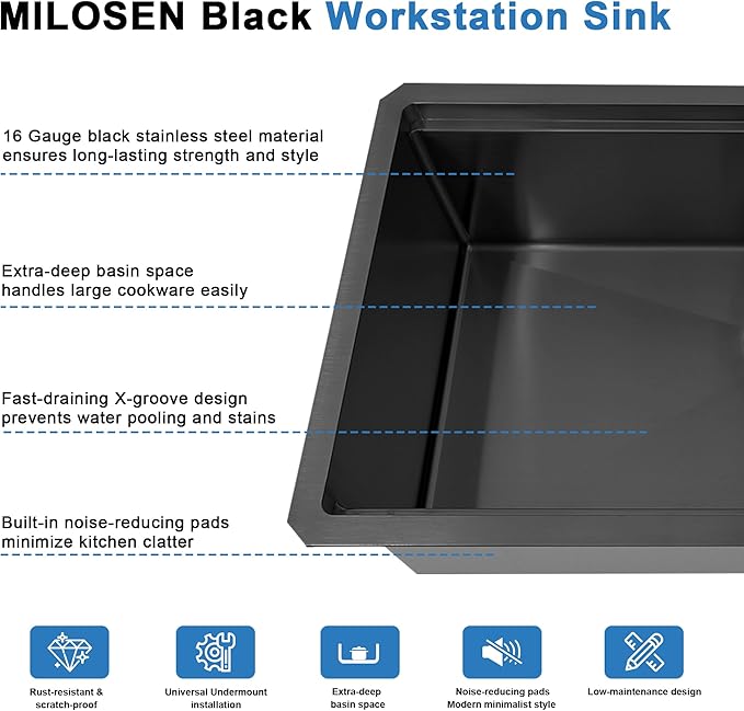 MILOSEN 33 Inch Black Undermount Kitchen Sink, 33" x 19" Black Stainless Steel Sinks, Single Bowl Workstation Sink with Custom Accessories, Handmade Under Counter Design, 9'' Depth Large Kitchen Sinks